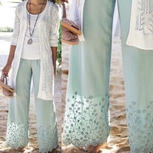 NWT Soft Surroundings Embroidered Bois De Fleurs Pants Wide Leg Seaglass Sz S
